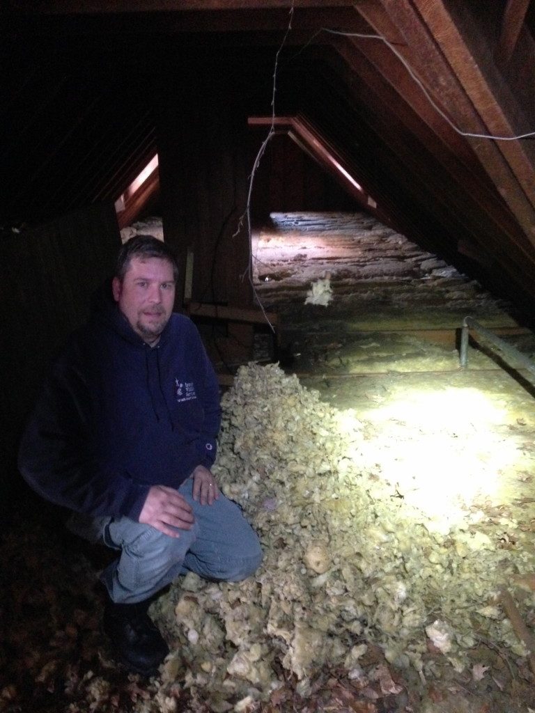 Person kneeling in dimly lit attic