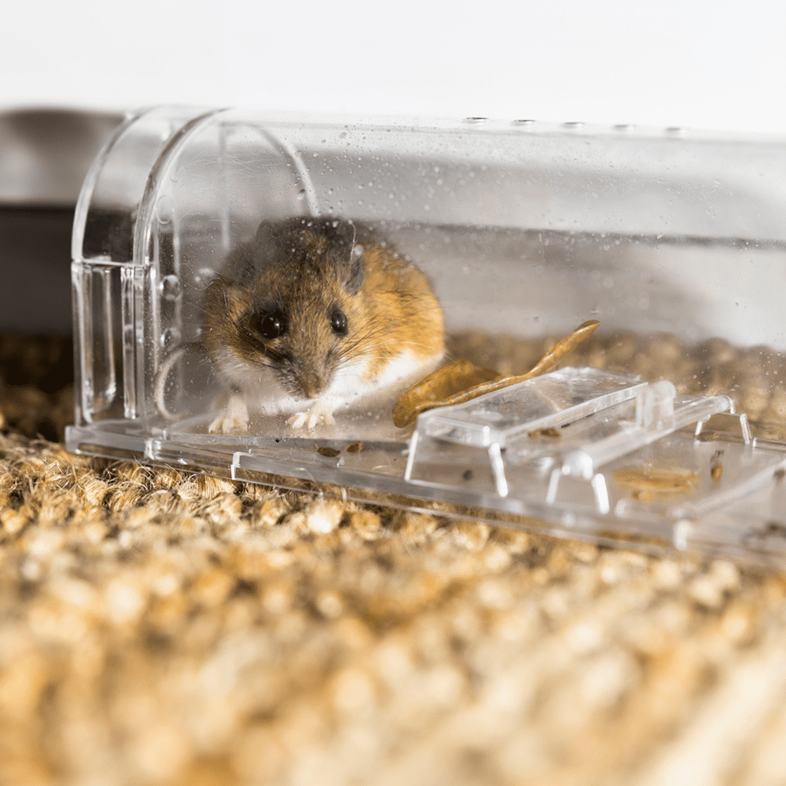 Mouse in transparent trap on carpet
