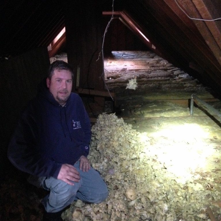 Person kneeling in dimly lit attic